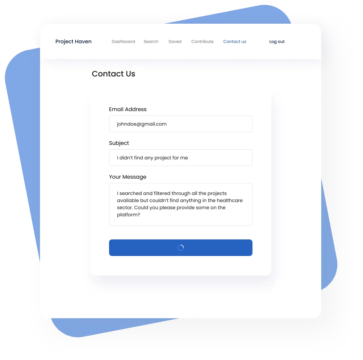 The contact us form page of the project haven dashboard